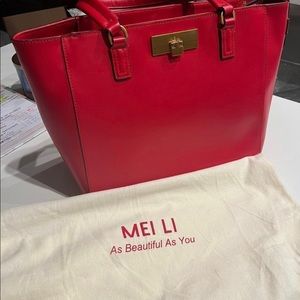 Mei Li Red Leather Handbag with Dust Bag Cover. Nappa Leather.